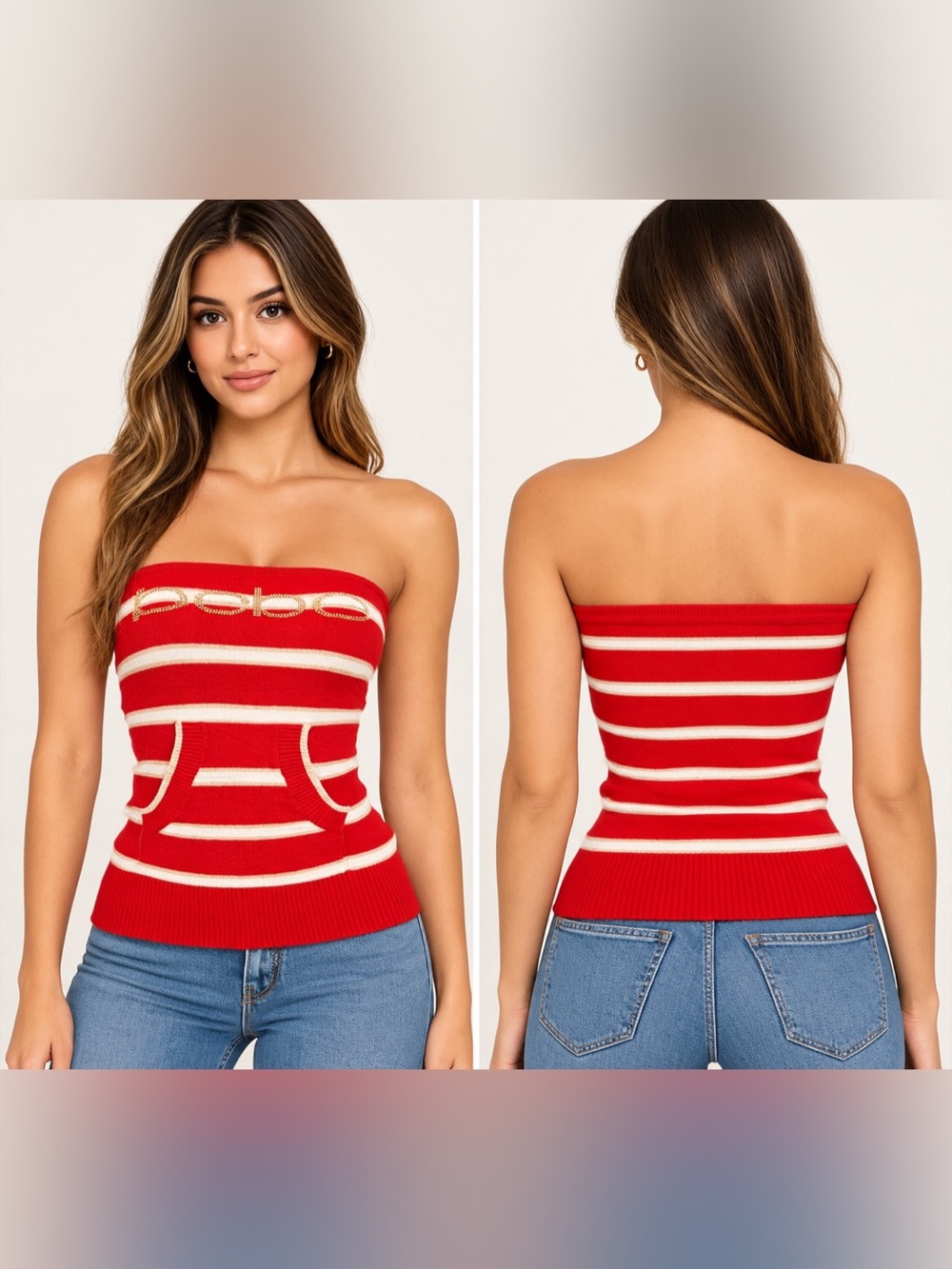 bebe Strapless Striped Top in Red & White